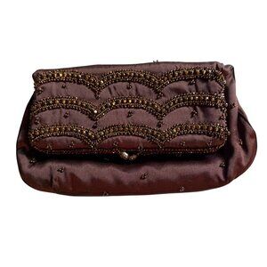 Vintage 50's Soure Brown Beaded Satin Clutch Purse